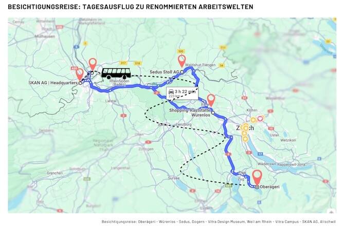 Kart von Besichtigungsrundreise mit der Gemeinde Oberägeri