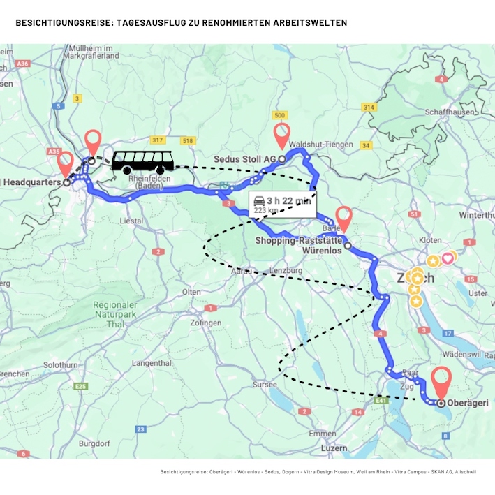 Karte von Besichtigungsrundreise mit der Gemeinde Oberägeri